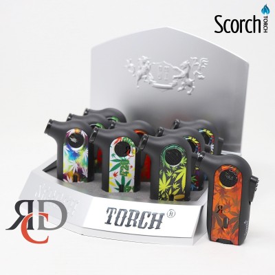 SCORCH TORCH 45DEG MINI TABLE TORCH W/ PUSH UP HOLD BUTTON ASST. LEAF DESIGN - STDS141 9CT/ DISPLAY